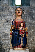 Barcelona, Spain, Sept 4 2008, This sculpture depicts the Virgin Mary holding the Child Jesus, showcasing intricate details from the monastery in Barcelona.