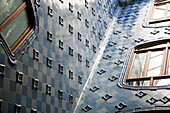 Barcelona, Spain, Sept 4 2008, Discover the intricate blue tiles and unique architecture of the Casa Batlló patio in Barcelona, a masterpiece by Antoni Gaudí.