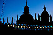 Celebration flags in front of the silhouette of the Cathedral of Segovia.