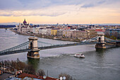 Parliament building, Chain Bridge and Danube River in Budapest, Hungary, Europe