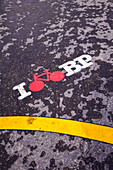 I Bike Budapest creative logo on the city road, Budapest, Hungary