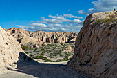 Route 40, an unpaved dirt road through the eroded landscape of the Angastaco Natural Monument in the Calchaqui Valley, Argentina.