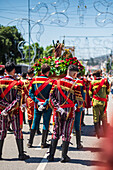 Religious procession finishing at São João Baptista Church during the Festival of Saint John of Sobrado, also known as Bugiada and Mouriscada de Sobrado, takes place in the form of a fight between Moors and Christians , locally known as Mourisqueiros and Bugios, Sao Joao de Sobrado, Portugal