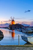 Windmill and salt pans Ettore and Infersa, Marsala, Trapani, Sicily, Italy, Mediterranean, Europe