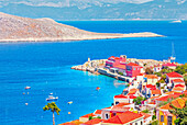 Hafen von Emporio, Blick von oben, Insel Halki, Dodekanes, Griechische Inseln, Griechenland, Europa