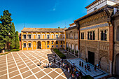 Courtyard in the 10th century Real Alcazar (Royal Palace), UNESCO World Heritage Site, Seville, Andalusia, Spain, Europe