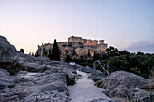 Sunrise view of the Acropolis of Athens, UNESCO World Heritage Site, a historic fortress on a rocky hill above Athens, Greece, Europe