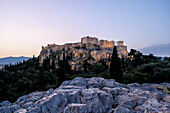 Sunrise view of the Acropolis of Athens, UNESCO World Heritage Site, a historic fortress on a rocky hill above Athens, Greece, Europe