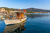 View of boats in the harbour at Skala Kallirachis, Skala Kallirachis, Thassos, Aegean Sea, Greek Islands, Greece, Europe