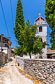 View of clock tower of Greek Orthodox Church, Theologos, Thassos, Aegean Sea, Greek Islands, Greece, Europe