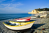 Fishing boats on the beach of Etretat, Cote d'Albatre, Pays de Caux, Seine-Maritime department, Upper Normandy region, France, Europe