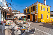 View of street cafe in Limenaria village, Limenaria, Thassos, Aegean Sea, Greek Islands, Greece, Europe