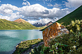 Kol Ukok Mountain Lake umgeben von grünen Bergen unter blauem Himmel, Kirgisistan, Zentralasien, Asien