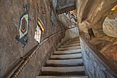 Stairs up to the third floor in the historic Desert View Watchtower at Grand Canyon South Rim, artwork created by Fred Kobotie in 1933, now owned by the National Park Service, UNESCO World Heritage Site, Arizona, United States of America, North America