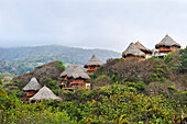 Bungalows of Ecohabs hotel overlooking the Carnaval beach, Tayrona National Natural Park, Department of Magdalena, Caribbean Region, Colombia, South America