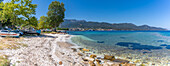 View of beach and sea in Thassos Town, Thassos, Aegean Sea, Greek Islands, Greece, Europe