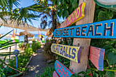 View of colourful sign in Thassos Town, Thassos, Aegean Sea, Greek Islands, Greece, Europe