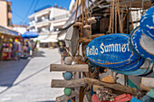 View of Hello Summer sign and souvenirs in Thassos Town, Thassos, Aegean Sea, Greek Islands, Greece, Europe