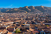 Elevated view of Cusco (Cuzco) Cathedral and Church of the Society of Jesus, UNESCO, Cusco (Cuzco), Cusco Province, Cusco Region, Peru, South America