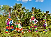 Gombey dancers, traditional performers, in troupes of 10 to 20, of a blend of Native American, Caribbean and British culture, dancing to a powerful drum beat, Bermuda, Atlantic, North America