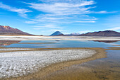 Reflexionsbecken auf Salinen und Fernsicht auf die Vulkane El Misti und Chachani, Nationalreservat Salinas y Aguada Blanca, Provinz Arequipa, Region Arequipa, Peru, Südamerika