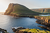 A panoramic view of a rugged coastal landscape of Suduroy in the Faroe Islands, Denmark, Atlantic, Europe