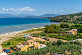 View of beach at Paralia Kalamaki and Albanian coast in background, Paralia Kalamaki, Corfu, Ionian Sea, Greek Islands, Greece, Europe