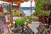 View of souvenir shop at the Monastery of Paleokastritsa in Palaiokastritsa, Corfu, Ionian Sea, Greek Islands, Greece, Europe