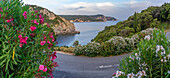 View of coastline from Monastery of Paleokastritsa at sunset, Palaiokastritsa, Corfu, Ionian Sea, Greek Islands, Greece, Europe