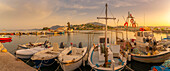 View of harbour boats and Holy Monastery of Panagia Vlacherna in Corfu Town, Corfu, Ionian Sea, Greek Islands, Greece, Europe