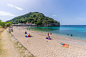 View of Agios Spiridon Beach in Palaiokastritsa, Palaiokastritsa, Corfu, Ionian Sea, Greek Islands, Greece, Europe