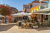 View of cafes and restaurants in Gaios Plaza de l' Ascension in Gaios Town, Paxos, Ionian Sea, Greek Islands, Greece, Europe