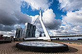 Beeindruckende Erasmus-Brücke im Hafen von Rotterdam mit dramatischem Himmel und Kunst im Vordergrund, Rotterdam, Niederlande, Europa