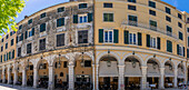 View of buildings and restaurants on the Liston Esplanade, Corfu Old Town, Corfu, The Ionian Islands, Greek Islands, Greece, Europe