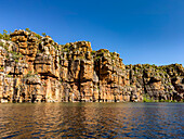 Towering red rock formations in the Warton Sandstone, King George River, Kimberley, Western Australia, Australia, Pacific