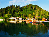 Sunlit buildings on the shore of Lake Bled, Slovenia, Europe