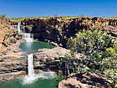 A view of the upper and lower Mitchell Bay waterfalls, Kimberley, Western Australia, Australia, Pacific