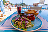 View of stuffed peppers at restaurant in Gaios Town, Paxos, Ionian Sea, Greek Islands, Greece, Europe