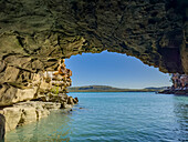 Sea cave in the King Leopold sandstone formations, Hunter River, Frederick Harbor, Kimberley, Western Australia, Australia, Pacific