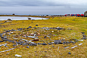 Lindblad Expeditions guests explore Cape Flora on Northbrook Island in Franz Josef Land, Russia, Arctic Ocean, Eurasia