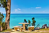 Picnic table next to the ocean, Somerset Parish, Bermuda, Atlantic, North America