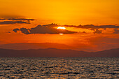 View of sunset and Aegean Sea from Thassos Town, Thassos, Aegean Sea, Greek Islands, Greece, Europe