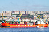 A view of the industrial and militarized Russian seaport city of Murmansk on the northern shore of the Kola Peninsula, Murmansk Oblast, Russia, Arctic, Europe