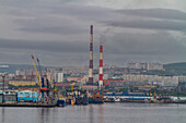 A view of the industrial and militarized Russian seaport city of Murmansk on the northern shore of the Kola Peninsula, Murmansk Oblast, Russia, Arctic, Europe