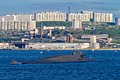 A view of a nuclear powered submarine in the industrial and militarized Russian seaport city of Murmansk, Murmansk Oblast, Russia, Arctic, Europe