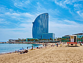 View towards the W Hotel, La Barceloneta Beach, Barcelona, Catalonia, Spain, Europe