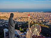 Tibidabo Amusement Park at sunset, elevated view, Mount Tibidabo, Barcelona, Catalonia, Spain, Europe