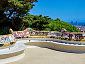 Mosaic Serpentine Bench at the Main Terrace, Park Guell, UNESCO World Heritage Site, Barcelona, Catalonia, Spain, Europe