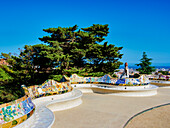 Mosaic Serpentine Bench at the Main Terrace, Park Guell, UNESCO World Heritage Site, Barcelona, Catalonia, Spain, Europe