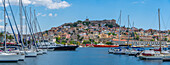 View of Kavala Fortress and boats in the port, Kavala, Dimos Kavalas, Eastern Macedonia and Thrace, Gulf of Thasos, Gulf of Kavala, Greece, Europe